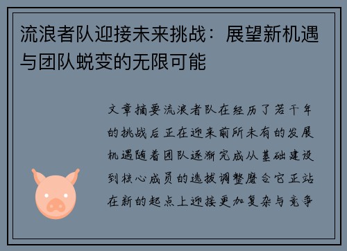 流浪者队迎接未来挑战：展望新机遇与团队蜕变的无限可能